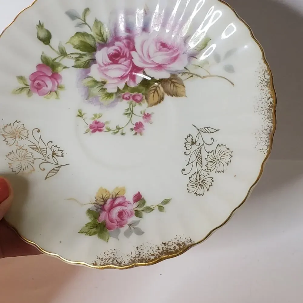 Vintage Mid Century Marco Tea Cup and Saucer Set pink rose gold trim Great condi
